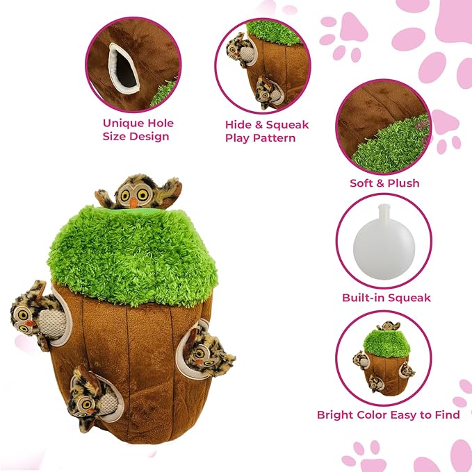 Glow Pups Hide and Seek Dog Toy Squeaky Plush Owl in Tree, Interactive Burrow, Promotes Mental Stimulation, Easy to Clean, Whimsical Green Design (Set of 4, Medium)