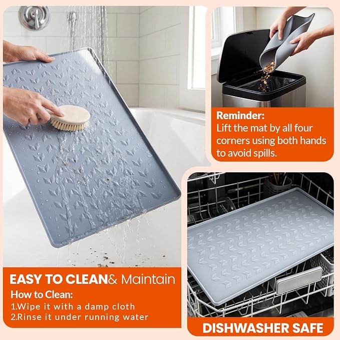 Silicone Pet Feeding Mat - 100% Waterproof Dog & Cat Bowl Pad with Raised Edges - Protects Floors from Messy Eaters & Spills - Anti-Slip, 100% PET-Safe, Dishwasher Safe (Grey 28" x 20")