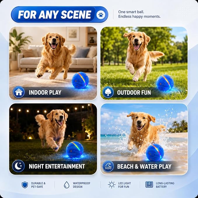 Smart Dog Ball - High-Elasticity E-TPU Interactive Toy, Automatic Rolling Ball with 2 Modes & LED Glow, 350mAh Long Battery Life, Motion Activated & USB-C Rechargeable for Dogs