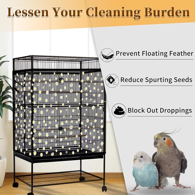Daoeny 2PCS Bird Cage Seed Catcher, Large Bird Cage Cover, Adjustable Soft Airy Nylon Mesh, Birdcage Cover Skirt Seed Guard for Parrot Parakeet Macaw Round Square Cages (Black & White Daisy)