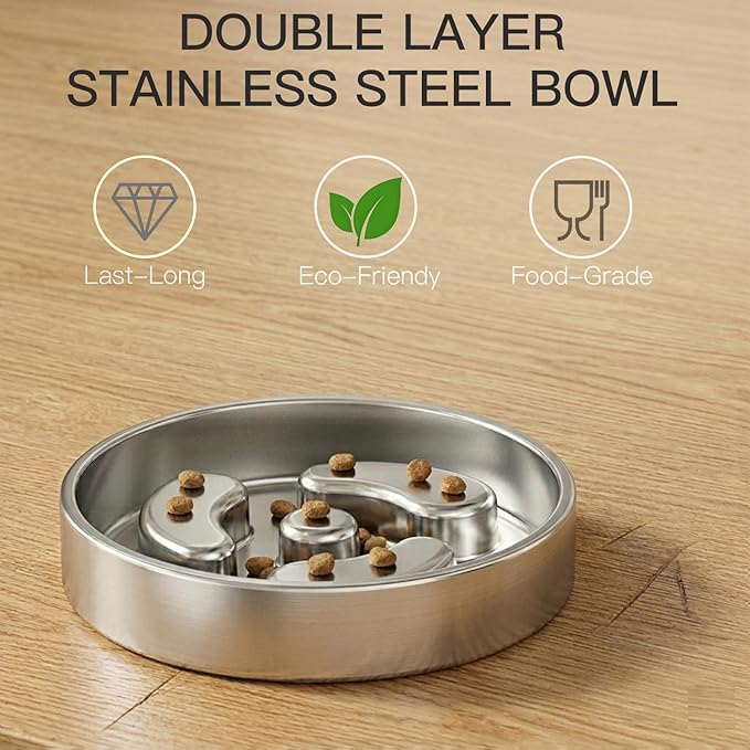 Slow Feeder Dog Bowls, 1.5Cups for Small Puppy, Food-Grade Double-Layer Stainless Steel, Heavy Duty with Non-Slip Rubber Base, Anti-Choking Puzzle Bowl to Slow Down Eating(1Pack)