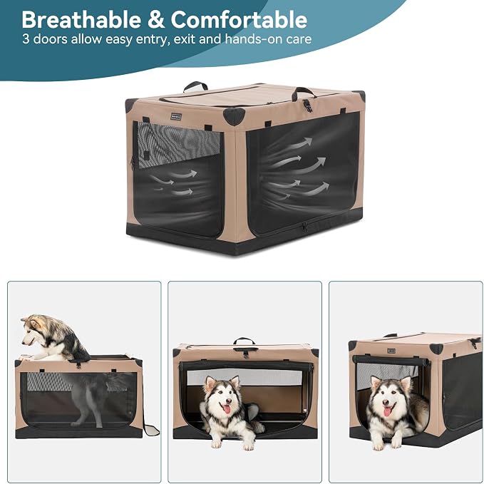 PETSFIT 40" Soft Portable Dog Crate – Patented Spiral Sturdy Frame, Collapsible Travel Kennel for Large Dogs, 3 Mesh Door, Lockable Zippers, Indoor & Car Use Khaki