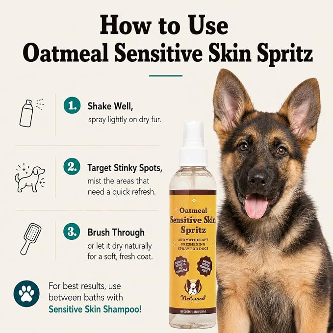 Natural Dog Company Sensitive Skin Deodorizing Spray 8 oz – Hypoallergenic Neutral-Scent Dog Spritz with Aloe, Oatmeal & Lavender – Free of Sulfates, Parabens & Artificial Fragrance
