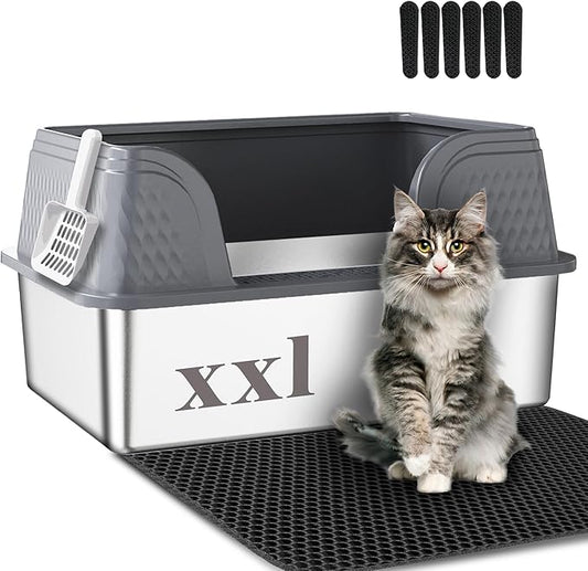 Suhaco XXL Stainless Steel Litter Box with High Sided Deep Side Entry Deep Extra Large Metal Litter Box Included Mat & Scoop Anti-Urine Leakage Cat Litter Boxes for Big Cats (Grey)