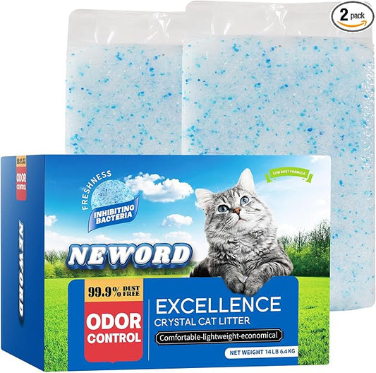 NEWORD Non-Clumping Crystals Cat Litter, Superior Odor Control Silica Gel Litter, Low Tracking & Dust-Free, Soft-On-Paws, Lightly Scented, 14 lbs (2 Packs of 7lb Bags)