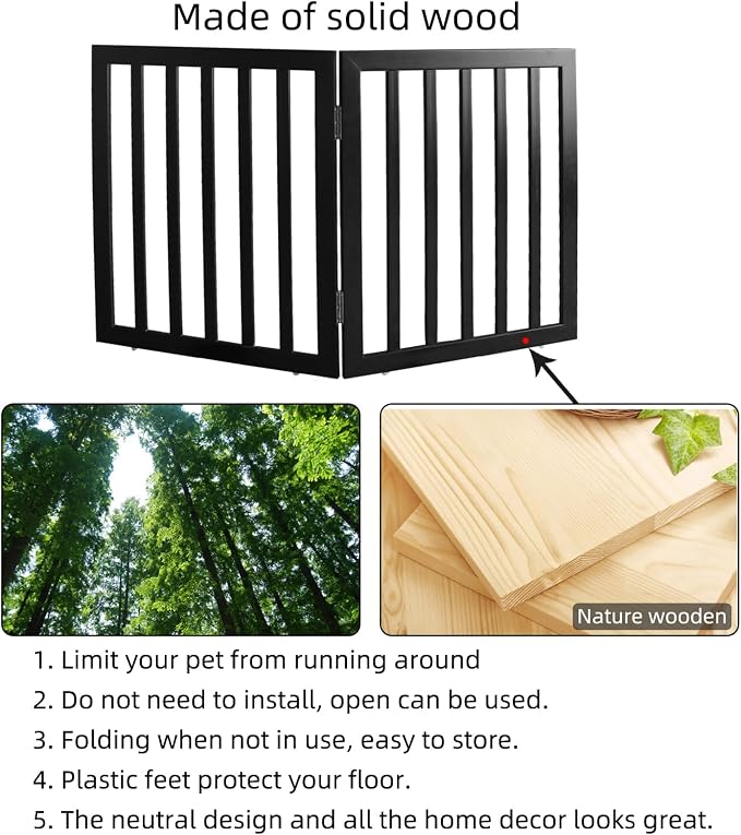 Dog Gate Indoor, Freestanding Dog Fence for The House, Doorways, Hallways,or Stairs,Pet Gate Foldable Wooden,Expandable 24" Height 2 Panels,Black