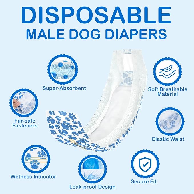 Dono Dog Diapers Male, Disposable Male Dog Wraps 60ct, Ultra Absorbent Doggie Diapers, Rapid-Dry Leak-Proof Puppy Diapers, Wetness Indicator Excitable Urination Incontinence, Small