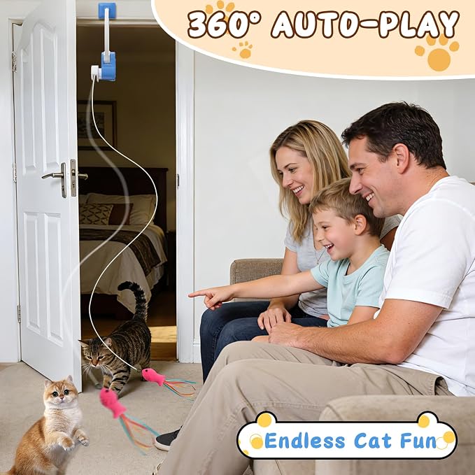 Automatic Cat Toy for Indoor Cats, Interactive Door Hanging Cat Toy with Smart Touch Restart, USB-C Rechargeable 360° Rotating Flying Bird Teaser for Kittens & Adult Cats, Blue