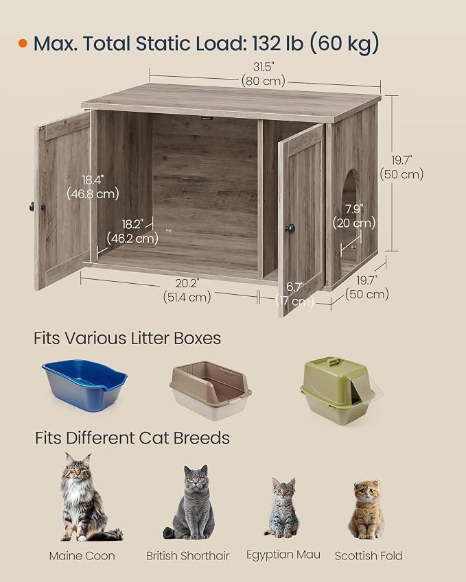 SONGMICS HOME Litter Box Enclosure, Snapsemble Superfast Assembly, Cat Litter Box Furniture, Push-to-Open Doors, Indoor Cat House, Greige UPCL233LK02S