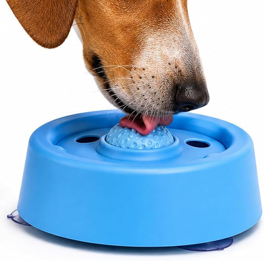 Dog Lick Bowl for Liquid Treats, Dog Lick Ball with Fixed Rolling Ball, 220ml PP Slow Feeder with 3 Suction Cups for Bone Broth Yogurt Supplements, Blue
