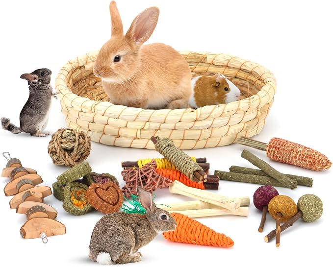 Rabbit Toys Chew Treats Guinea Pig Bed, Bunny Chew Toys Timothy Hay Bamboo Chew Sticks, Grass Ball Carrot Corn Lollipop Toys for Rabbits Guinea Pigs Chinchillas Hamsters Teeth Grinding
