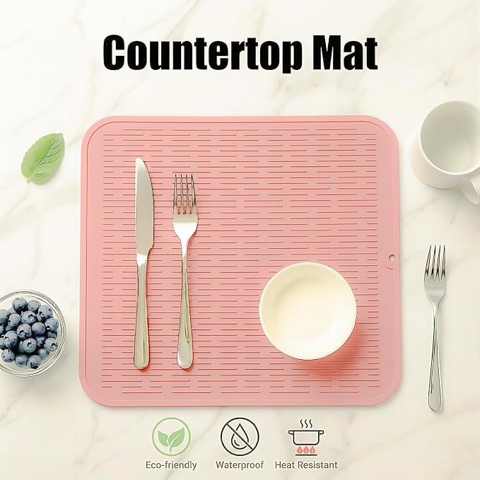 MicoYang Silicone Dish Drying Mat for Multiple Usage,Easy clean,Eco-friendly,Heat-resistant Silicone Mat for Kitchen Counter or Sink,Refrigerator or Drawer Liner Pink XL 18 inches x 16 inches
