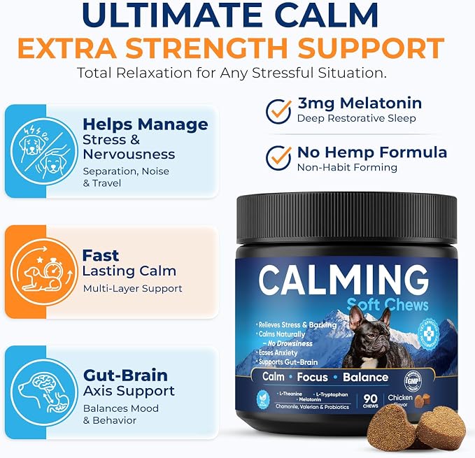 Calming Chews for Dogs 90pc Dog Calming Chews - Anxiety Relief Relaxing Calm Dog Melatonin Treats,Bites for Puppy,Small-Large Dogs Anxiety,Daily Stress & Separation,Fireworks, Thunder, Barking Support
