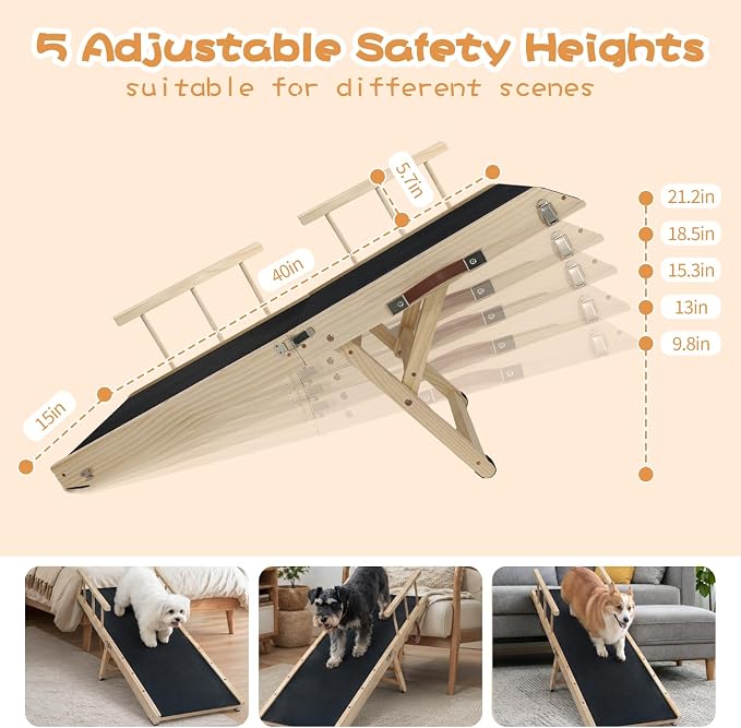 Rubber-Mat Dog Ramp with Rails for Couch, Bed or Car - 40" Long Foldable Wood Pet Ramp Adjustable Height from 10" to 21", with High Traction Mat for Small Medium Older Dogs, Up to 180 Lbs