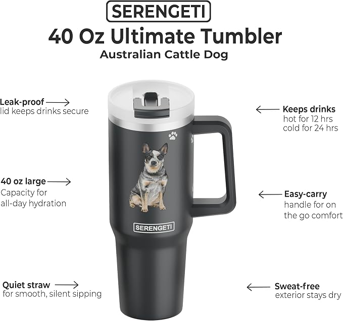 E&S Pets SERENGETI 40 Oz Ultimate Tumbler with Handle and Straw - Vacuum Insulated Tumbler with Straw and Lid - Stainless Steel Travel Mug for Pet Lovers - 3D Printing (Australian Cattle Dog)