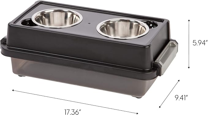IRIS USA Elevated Dog Bowls with Storage, 6" H Raised Feeding Station, Dog Bowl Stand with Airtight Food Storage Holds 5 lbs, 4 Removable 16 oz Stainless Steel Food and Water Bowls, Smoke/Black