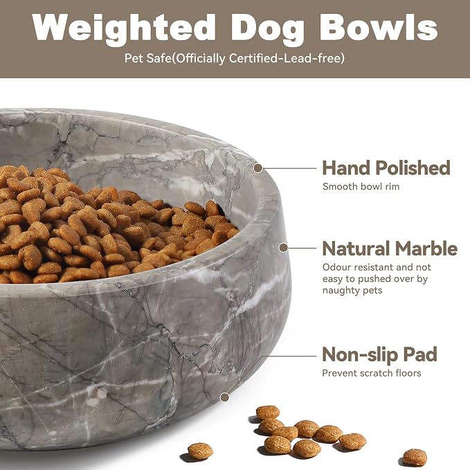 Karibiber Marble Dog Bowl, 5lbs Weighted Dog Food Bowl, Non-Slip Large Heavy Water Bowls, Grey Stone Food and Water Dish for Medium Dogs, Natural Marble, Easy to Clean, Holds 4 Cups