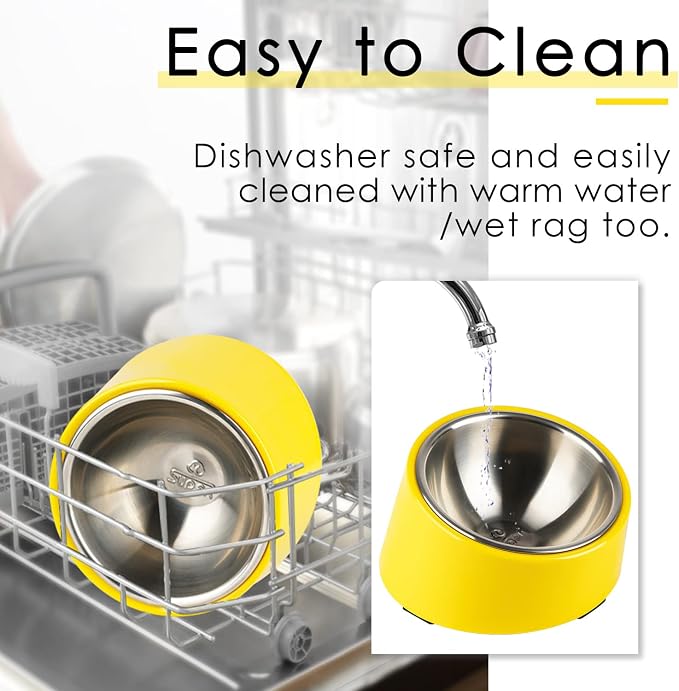 SuperDesign Mess Free 15° Slanted Bowl for Dogs and Cats, Tilted Angle Bulldog Bowl Dog Feeder, Non-Skid & Non-Spill, Easier to Reach Food S/0.5 Cup Bright Yellow