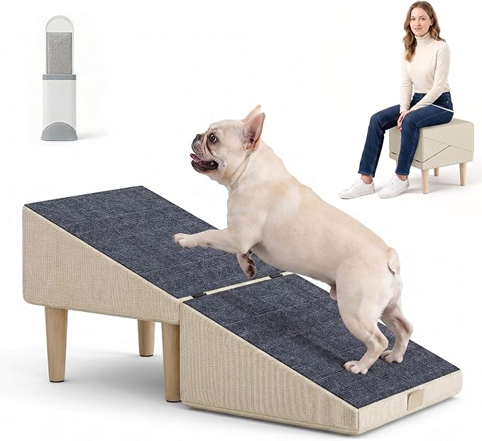 2-in-1 Folding Dog Ramp & Stairs for Small Dogs and Cats Split Ottoman for Couch/Bed, with Removable Washable Anti-Slip Mat & Cleaning Brush, Khaki