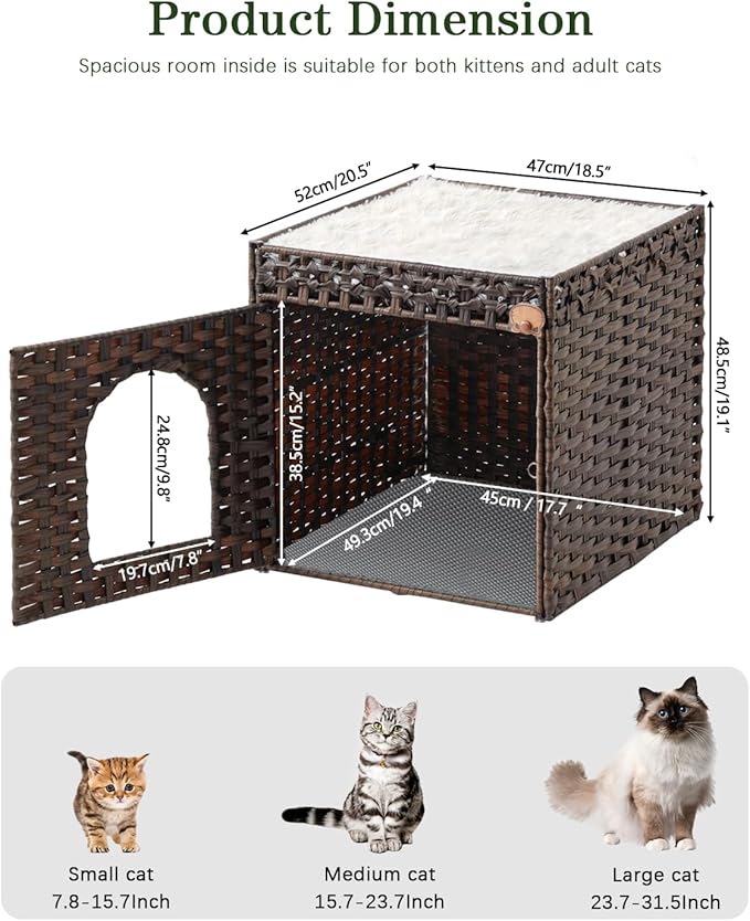 SETVSON Cat Litter Box Enclosure Furniture with One Cat Bed Pad, Rattan Hidden Litter Box Handwoven Cat House with Two S-Shaped Hooks for Living Room, Bedroom, 18.5 x 20.5 x 19.1 Inch,Brown