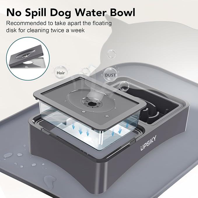 UPSKY 3-in-1 Elevated Dog Bowls with Mat, Large 24 x 16 Inches, 4 Height Adjustable Stand with Slow Feeder, Stainless Steel Bowl for Small to Medium Dogs, Grey