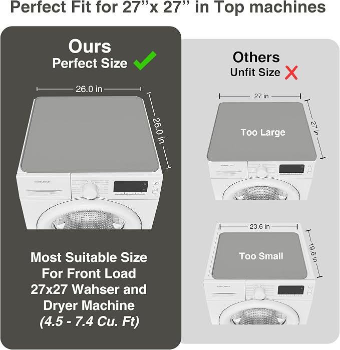 1 PACK SEIRI Washer and Dryer Topper, 26" x 26" Silicone Dryer Top Protector Mat for Flat Top Surface Cover and Front Load Washing Machine Non-Slip Waterproof Laundry Topper Mat Large (Light Gray)