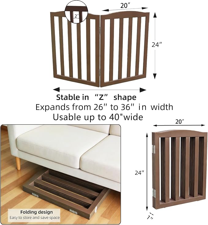 Freestanding Dog Gate Indoor,Doggie Gate Foldable Pet Gates for Doorways,Stairs or Hallways, Wooden Brown Pet Gate for the House, Pet Fence,24 "Height-2 Panels