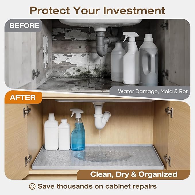 TRZZ Silicone Waterproof Under Sink Mat 31" x 22", Drip Tray and Cabinet Liner for Kitchen and Bathroom, Prevents Water Damage and Organizes Cabinets (Khaki)