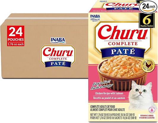 INABA Churu Complete Pate for Cats, Grain-Free, High Protein & Moisture, Wet Cat Food with Fish Oil, 1.76oz. Pouch, 24 Pouches, Chicken with Salmon Recipe
