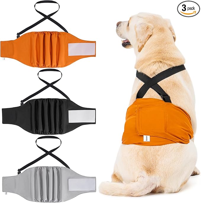 3 Pack Avont Male Dog Belly Band with Suspenders, Reusable Boy Doggie Diaper with Harness, Escape Proof, Non-Slip, Washable Doggy Pee Wraps for Small Medium Large Dogs