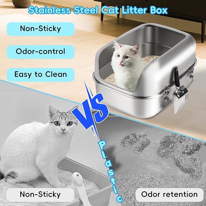 Stainless Steel Cat Litter Box, 23.6" L x 15.7" W x 11.8" H Extra Large Semi Enclosed Removable Metal Litter Tray with High Sided Enclosure, Scoop, Non-Sticky, Easy Cleaning