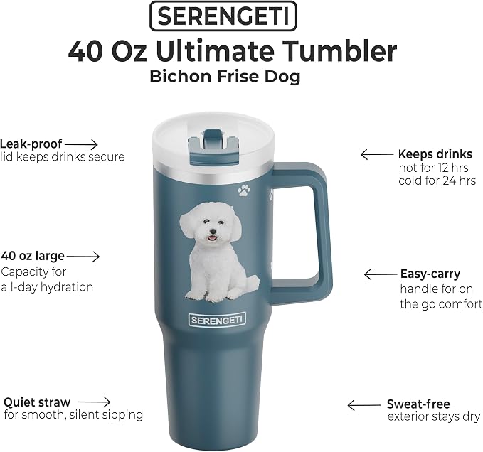 SERENGETI 40 Oz Ultimate Tumbler with Handle and Straw - Vacuum Insulated Tumbler with Straw and Lid - Stainless Steel Travel Mug for Pet Lovers - 3D Designs of your favorite Dog (Bichon Frise)