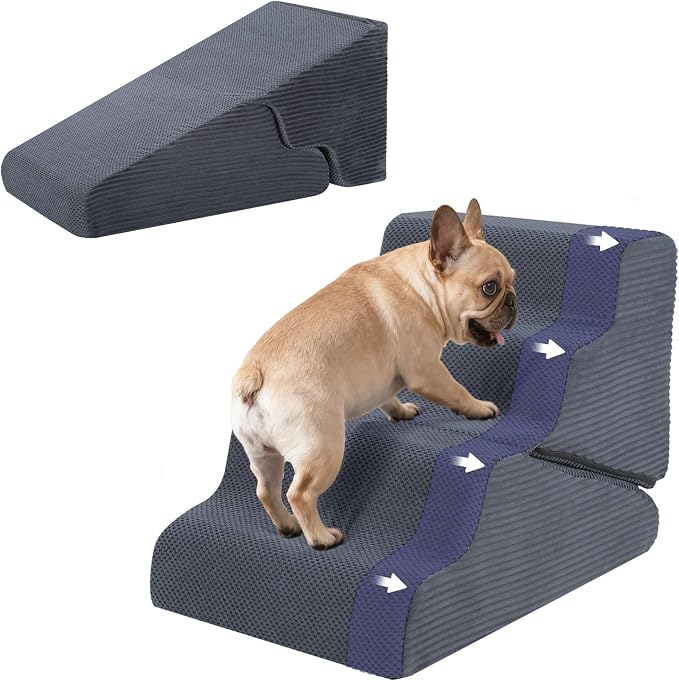 Dog Ramp for Bed, Extra Wide 20" Width Dog Stairs for High Bed, 2 in 1 Pet Steps for Small Dogs, 4-Step Foldable Transformable Large Cats Ramp to Get on Couch, Non-Slip Balanced, Grey