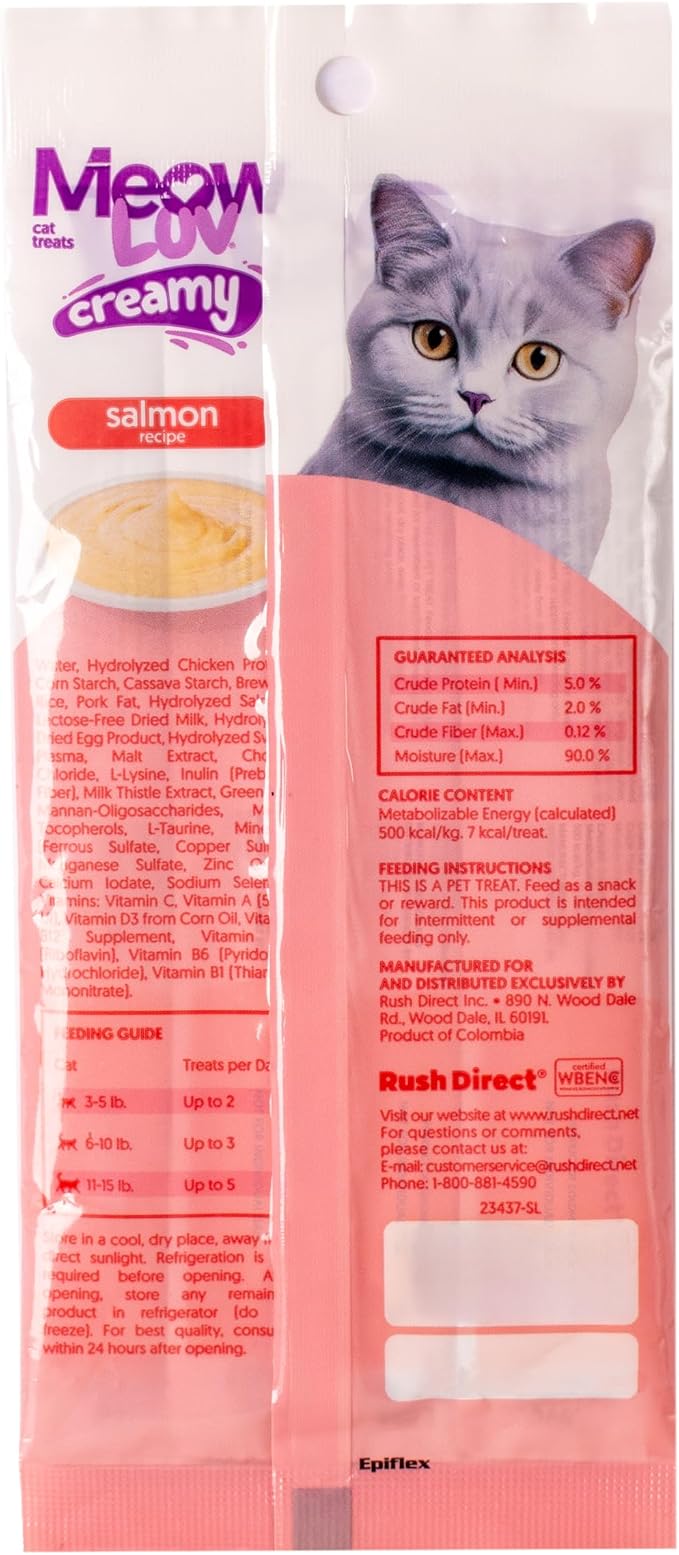 Ultra Chewy Meow Luv Lickable Cat Treats - Salmon Flavor Squeeze Tubes - Carrageenan Free, No Artificial Preservatives -Prebiotic Fiber, L-Taurine & Milk Thistle - 0.5 oz Tubes, Pack of 10