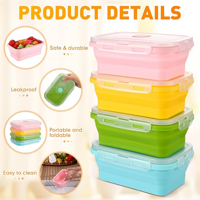Mifoci Set of 8 Silicone Collapsible Bowls for Camping with Vent Lid Silicone Storage Containers for Food Meal Preparation Square Bowl Microwave Freezer Dishwasher Safe(Macaron Color,17 Oz/ 500 ml)