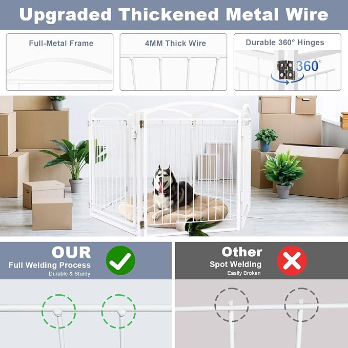 Full Metal Free Standing Dog Gate with Door for Indoor Outdoor, 144'' Extra Wide 32'' Tall Dog Gate for Doorways,Large Openings,Decks,Freestanding Portable Pet Fence(6 Panels,White)
