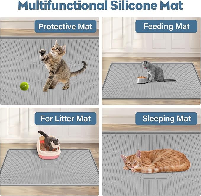 Lorvain Cat Litter Mats, 45" x 30" Extra Large Silicone Cat Mat for Litter Box, Easy to Clean Kitty Litter Trapping Mat, Soft on Kitty Paws, Waterproof, Urine-Proof Kitty Litter Mats for Floor, Grey