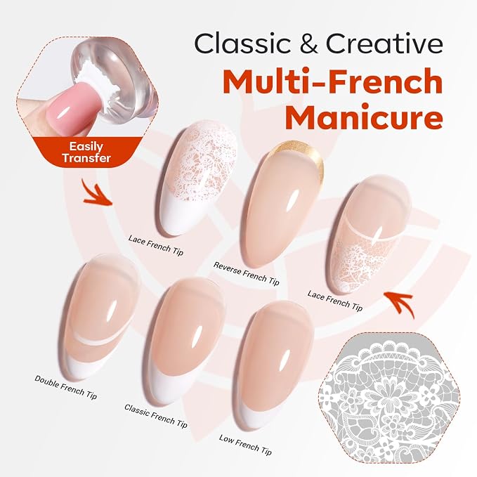 Modelones 16PCS Lace Nail Stamping Kit, French Tip Stamper White Black Painting Gel Polish Chrome Powder Proof Matte Gel Top Coat Gingham Template Dual Nail Art Brush Spring Manicure Gift for Women