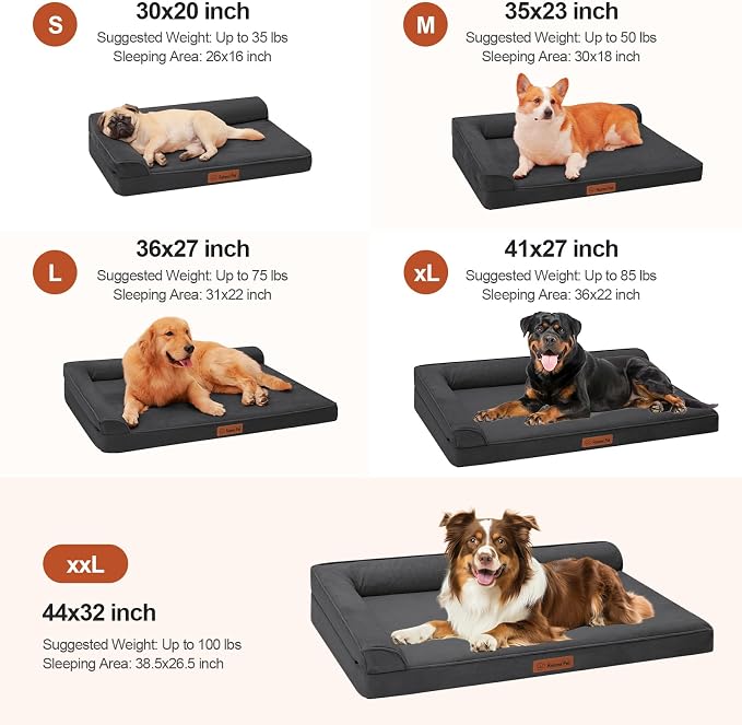 Rainmr Orthopedic Dog Bed for Large Dogs, 44"x32"x6" Memory Foam Pet Bed with Washable Microsuede Cover, TPU Waterproof Liner & Nonskid Bottom, for Indoor, Outdoor, Crate ＆ Car Use, Dark Grey