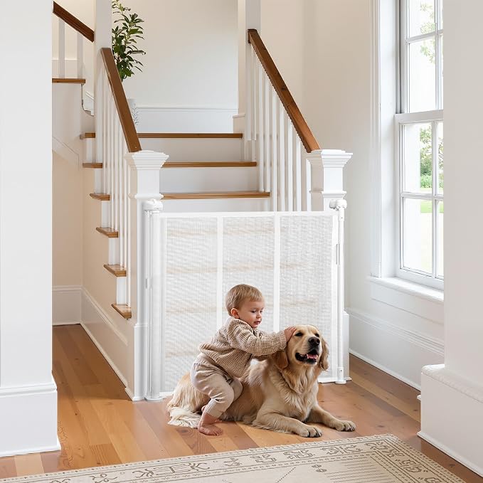 VEVOR Retractable Baby Gate, 34 inch Tall, Extends up to 71 inch Wide, Retractable Gate for Kids or Pets, Mesh Material, Easy to Install for Indoor Stairs, Doorways, Hallways, Playrooms, White