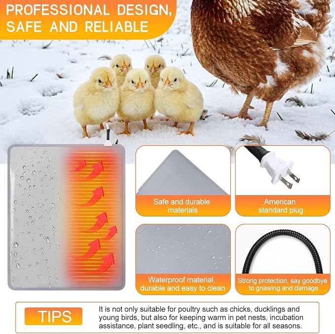 Remerry 2 Pcs Chicken Heated Pads 20 x 14 Inch Pet Heating Pad Small Animal Indoor Outdoor Heating Pad Adjustable Temperature Waterproof Heated Mat 30-Level Controller (25-60°c) with 10-Hour Timer