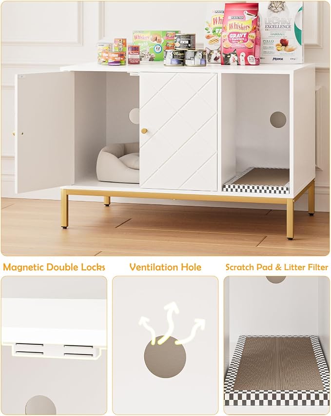 Cat Litter Box Enclosure, Modern Hidden Litter Box Furniture with Scratching Pad, Wooden Cat House Cabinet with Gold Metal Legs, Fit Most of Litter Box, White