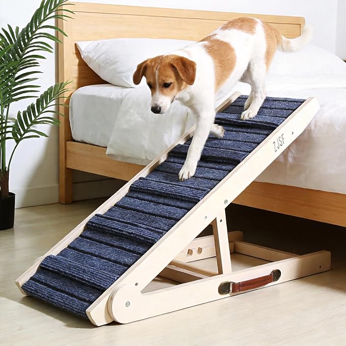 ZJSF Foldable Dog Ramp for High Bed, Wooden Dog Stairs to Bed for Small and Large Dogs, High Traction Platform with 4 Adjustable Heights (14.7"-20"), 32" L, Supports up to 200 lbs