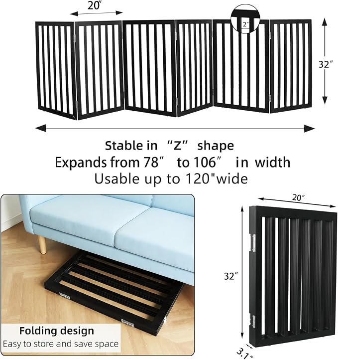 Dog Gate Indoor, Freestanding Dog Fence for The House, Doorways, Hallways,or Stairs,Pet Gate Foldable Wooden,Expandable 32" Height 6 Panels,Black