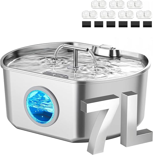 Cat Water Fountain Stainless Steel - Pet Drinking Fountain for Cats Indoor - 7L/236oz Automatic Water Dispenser with Watering Level Window (7 Filters)