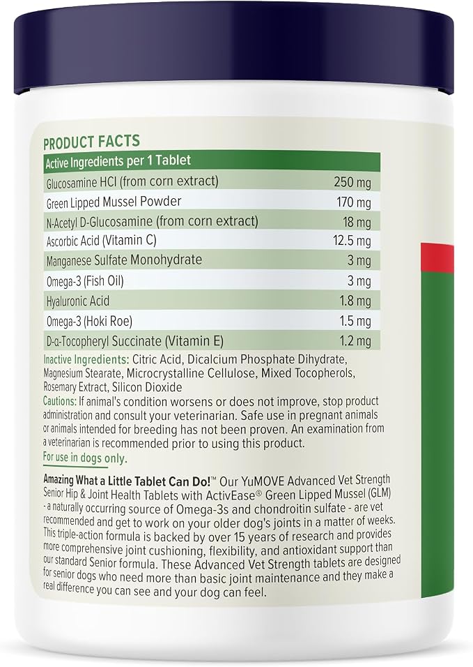 YuMOVE Hip & Joint Supplement for Dogs - with Glucosamine Chondroitin, Omega 3, Hyaluronic Acid, Green Lipped Mussel & Fish Oil for Dogs - Senior Dog Joint Supplement (Advanced Strength 120ct Chew)