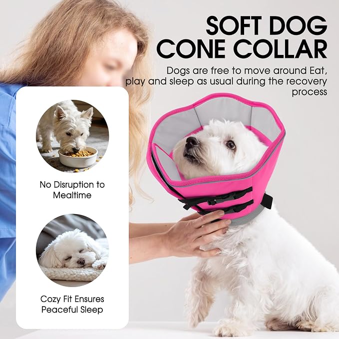 Dog Cones for Medium Dogs, Soft Cone for Dogs to Stop Licking, Comfy Dog Cone with Elastic Collar Loop, Recovery E-Collar Alternative for Wound Healing After Surgery, Pink M