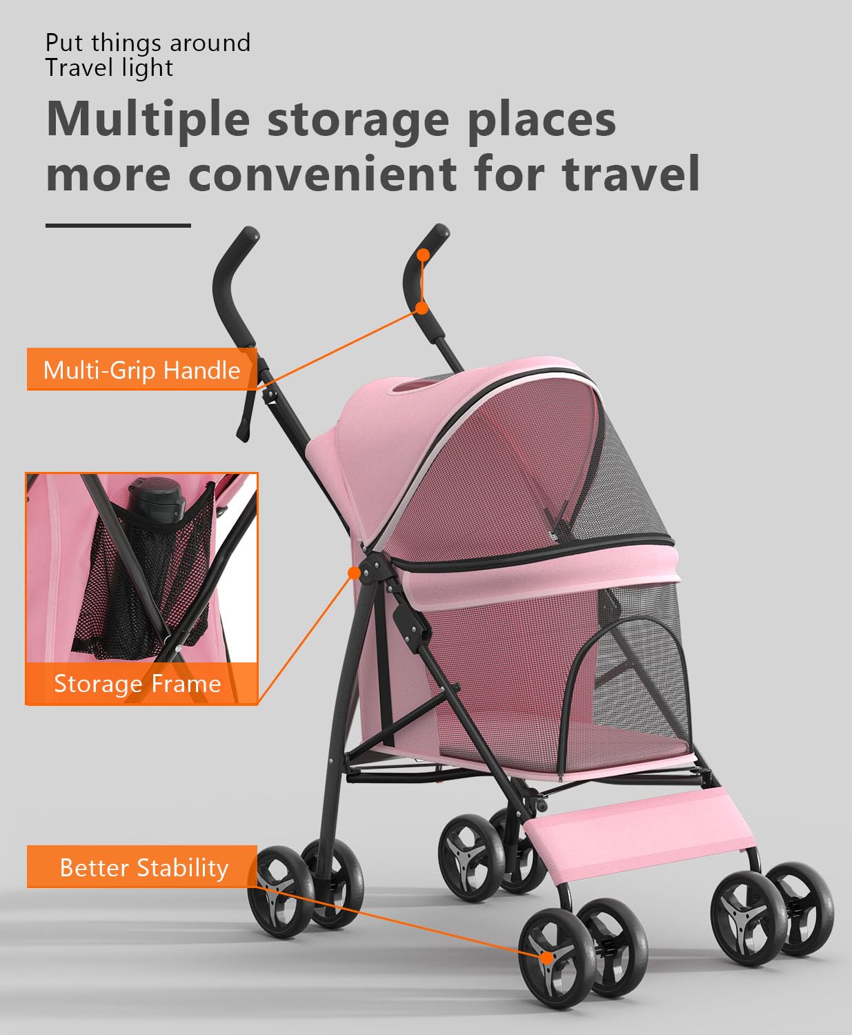 Pet Stroller with 4 Wheels for Small/Medium Pets, Portable Travel Foldable Carrier Jogger for Dog Cat Puppy Kitty, Rear Wheel Breaks, Storage Basket, Visible Mesh with Weather Cover (Pink)