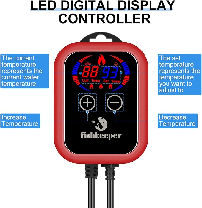 fishkeeper Aquarium Heater, 800 W Adjustable Fish Tank Heater with Digital Display Controller, Submersible Water Heater with Thermostat Over-Temperature Protection for Saltwater Freshwater 80-220 Gal