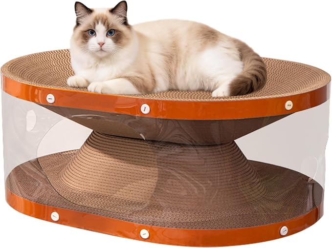 Homegroove Cat Scratcher Bed with Transparent Tunnel, 2-in-1 Cat Bed & Cardboard Scratcher for Indoor Cats, Multi-Level Cat Furniture with Curved Lounger and Play Tunnel (Wood, Regular)